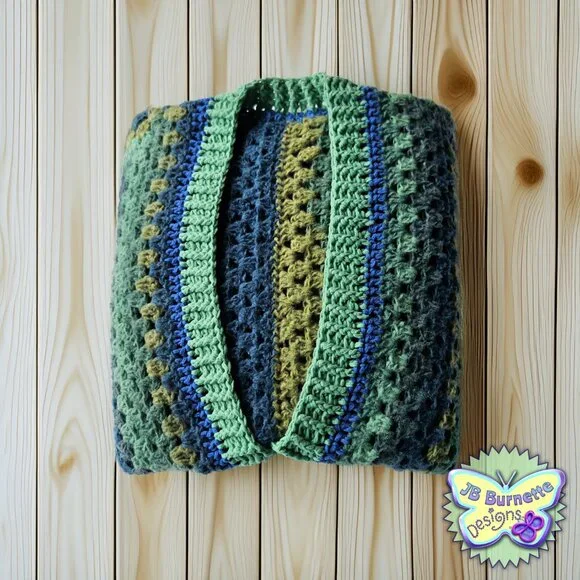 Handmade Oversize Crochet Cardigan Green Blue Warm Sweater, BOHO Granny Squares - Picture 13 of 15